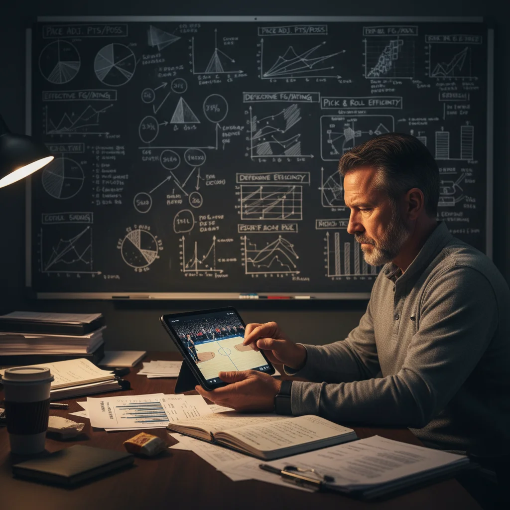 Basketball coach analyzing game strategy with advanced statistics