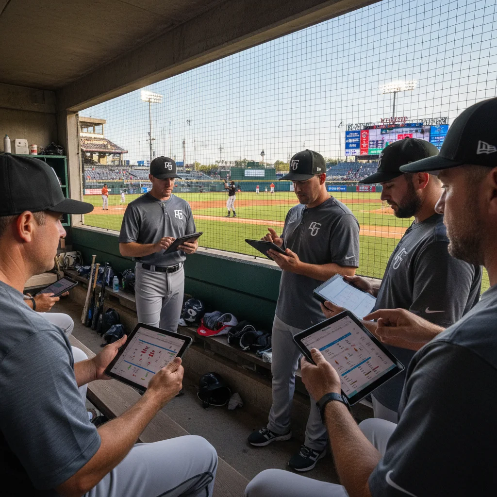 Baseball coaching staff reviewing game data on tablets in the dugout.