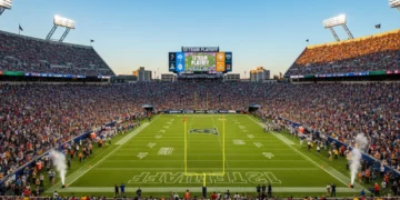 Vibrant college football stadium celebrating the new 12-team playoff format