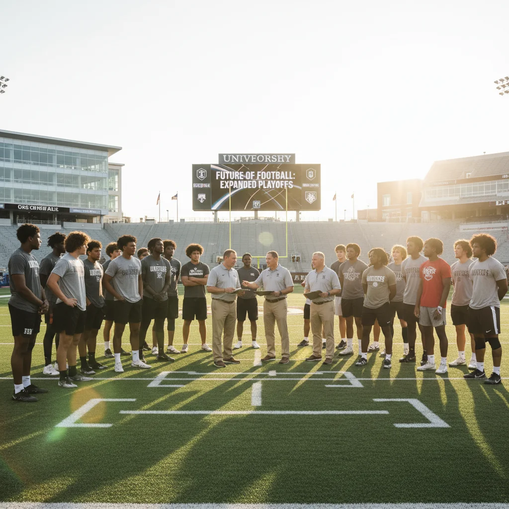 College football recruits engaging with coaches on a field, symbolizing recruitment changes