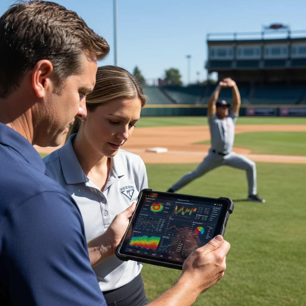 Coach and scientist analyzing pitcher data on a tablet, focusing on performance and recovery.