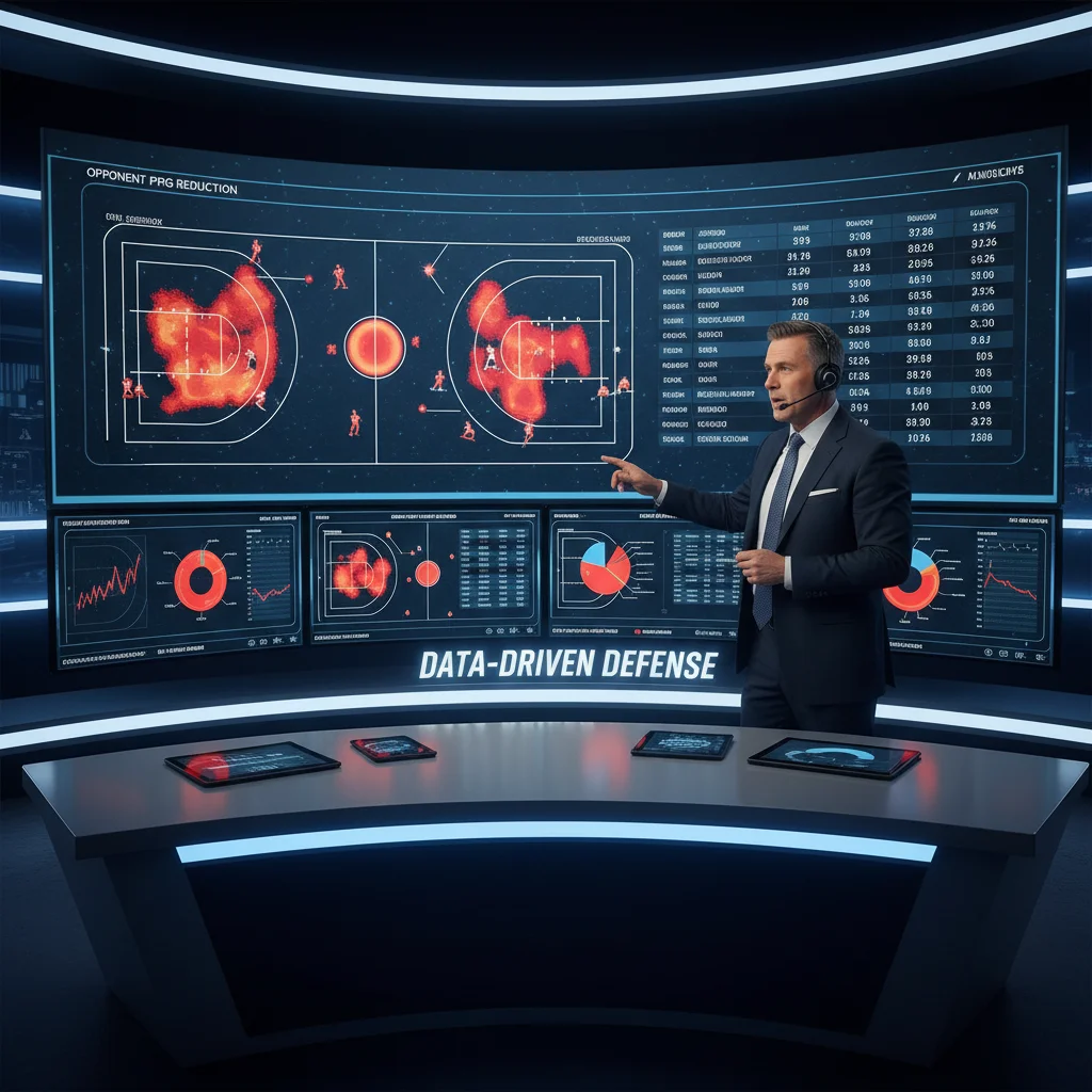 Sports analyst reviewing data for defensive strategy