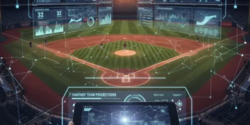 Digital overlay of baseball statistics on a field, symbolizing data-driven fantasy baseball strategies.