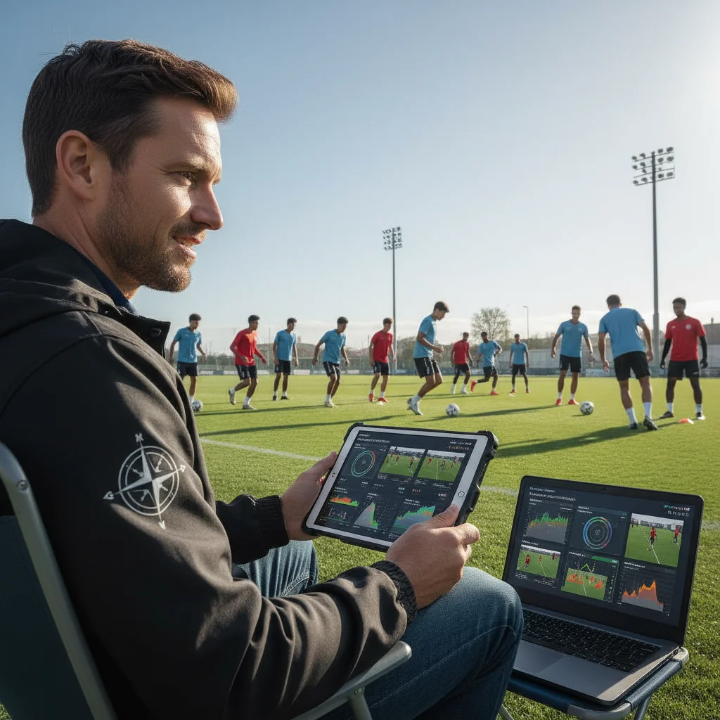 Football scout using data analytics for player recruitment and talent identification.
