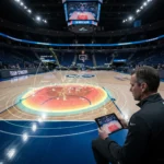 Defensive Analytics: Reducing Paint Scoring by 15% Basketball court with defensive analytics overlay showing reduced paint scoring