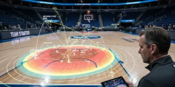 Basketball court with defensive analytics overlay showing reduced paint scoring