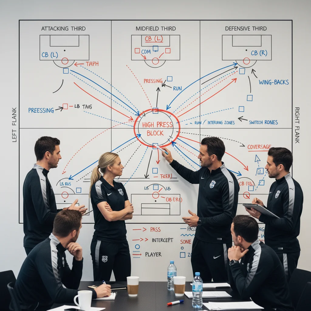 Coaches analyzing complex defensive formation on whiteboard