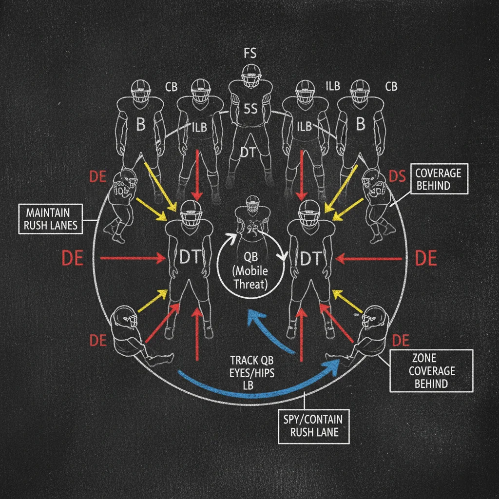 Defensive formation diagram showing a quarterback spy.