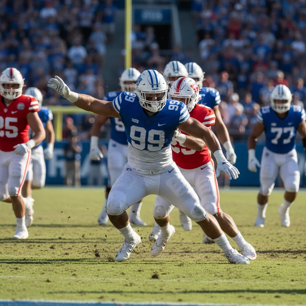 Defensive lineman bursting through the offensive line during a college football game.