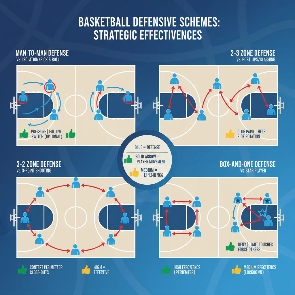 Infographic showing defensive schemes and player movements in the paint