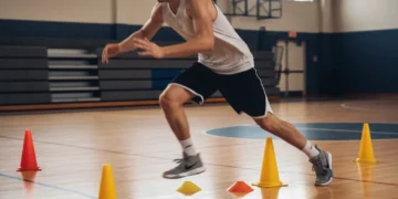 Dynamic basketball player executing an agility drill on a court, demonstrating quick footwork.