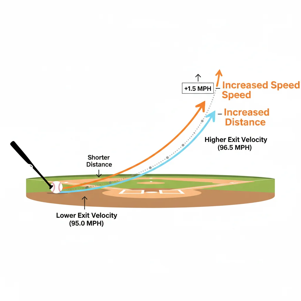 Infographic showing increased baseball trajectory due to higher exit velocity