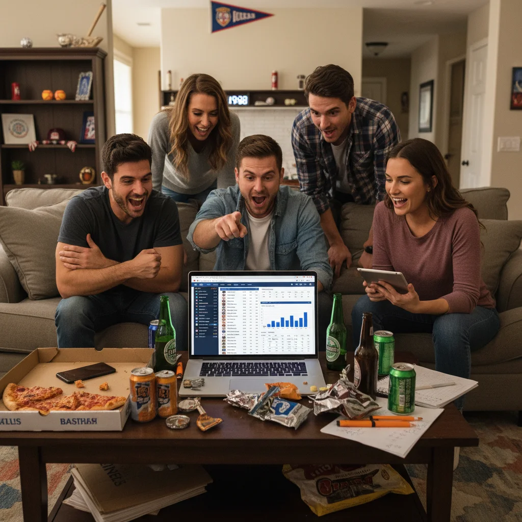 Friends drafting players in a fantasy baseball league, using data on a laptop.