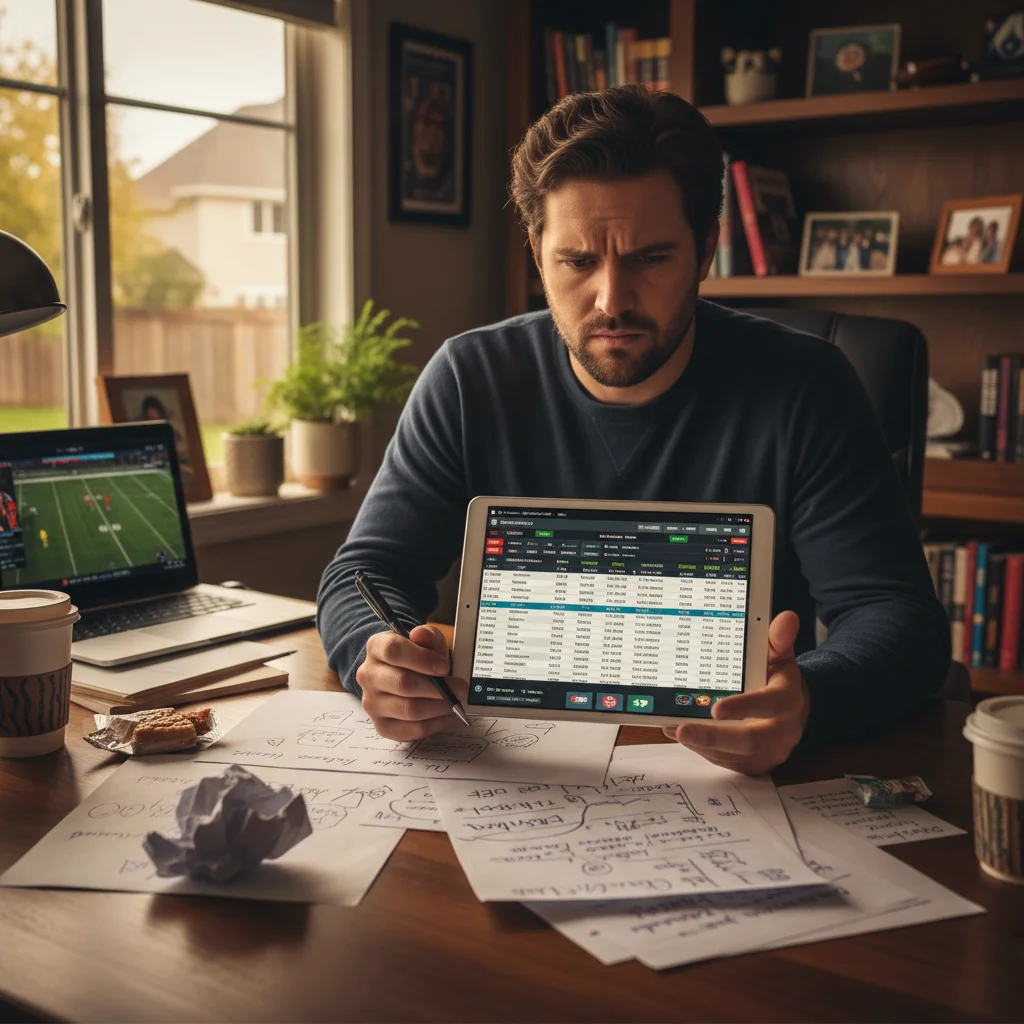 Person analyzing fantasy football statistics on a tablet