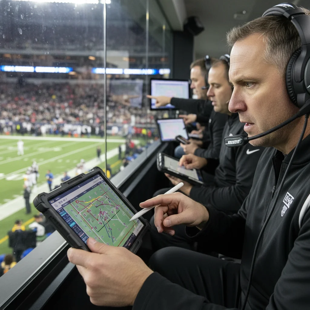 Football coach analyzing plays on a tablet during a game.