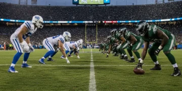 Professional football offensive line ready for snap under new rules