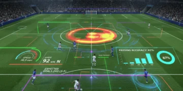 Digital overlay of football player performance analytics on a pitch