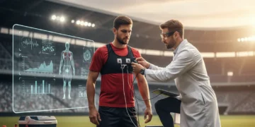 Professional football player undergoing injury assessment by sports scientist