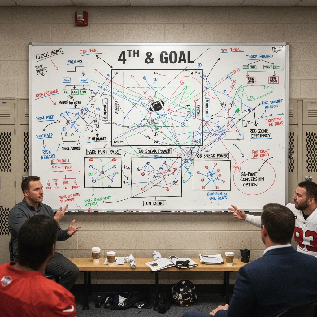 Whiteboard with detailed football plays for fourth-down strategy.