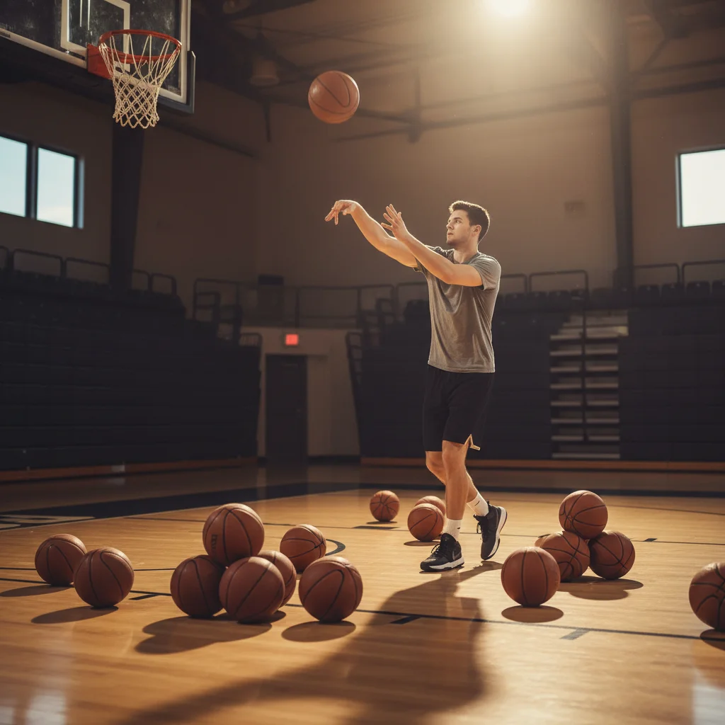 Basketball player practicing free throws in a gym