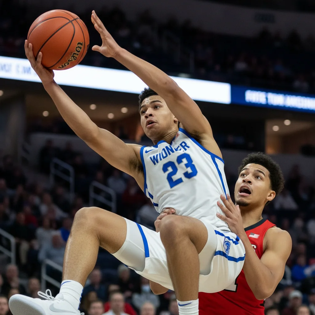 Freshman college basketball player blocks a shot defensively.