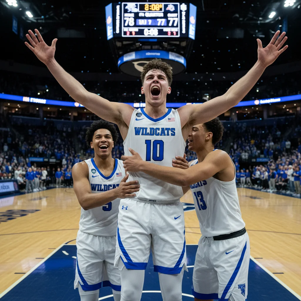 College basketball freshman celebrates a three-point shot with teammates.