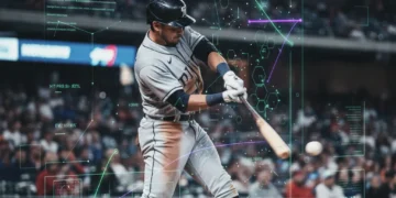 Futuristic baseball analytics display with player in action
