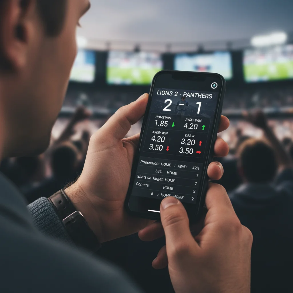Hand using smartphone for in-play sports betting with live odds.