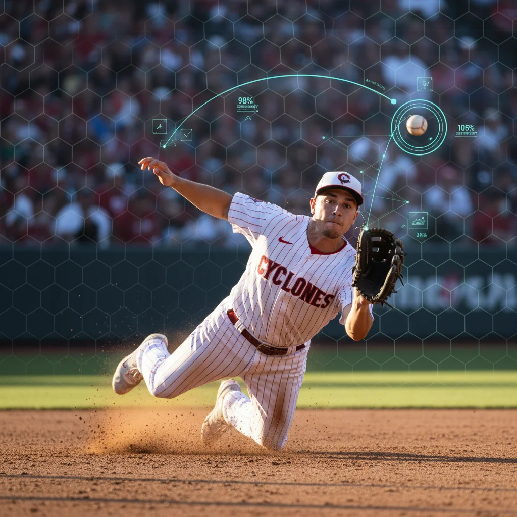 Baseball infielder executing a defensive play informed by advanced data analysis.
