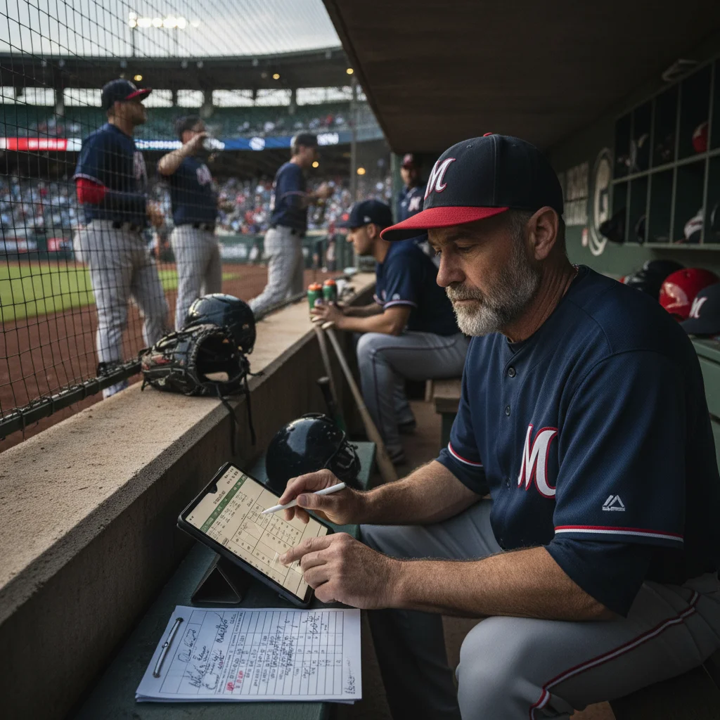 Baseball manager making strategic bullpen decisions in dugout