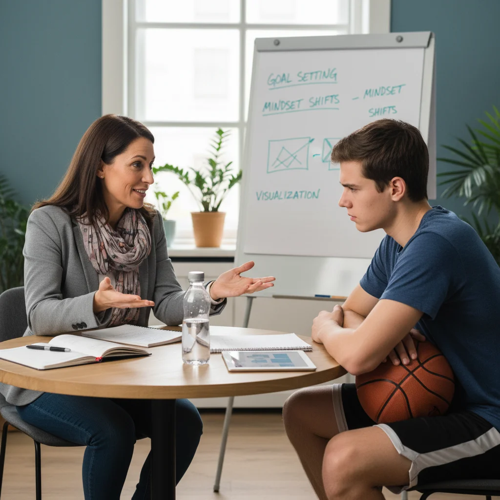 Sports psychologist providing guidance to a young athlete on mental resilience.