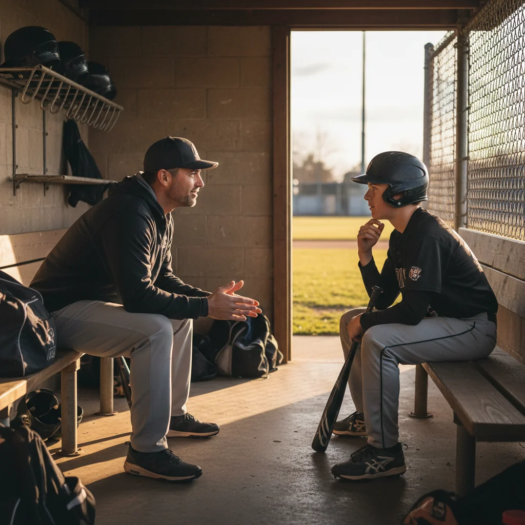 Coach discussing mental strategy with young baseball player.