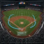 MLB Teams Embrace Data-Driven Defensive Shifts for Advantage Baseball infield with digital overlays showing defensive shift strategy based on data analytics.