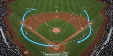 Baseball infield with digital overlays showing defensive shift strategy based on data analytics.