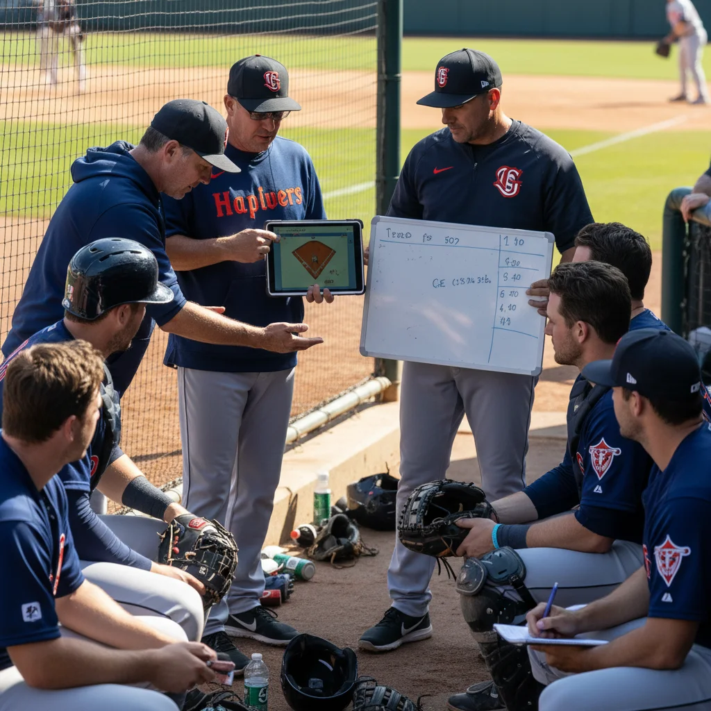 MLB dugout discussion, coaches and players reviewing game strategy.
