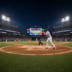 MLB Offensive Strategies: Redefining Approaches for a 15% Edge Night baseball game action with batter at plate, stadium lights, and scoreboard.