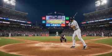 Night baseball game action with batter at plate, stadium lights, and scoreboard.