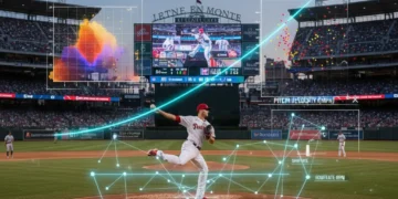 Advanced MLB player evaluation analytics overlaying a baseball game