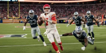 Mobile quarterback evading defenders on a football field.