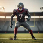 Modern football player showcasing advanced protective gear and helmet on the field