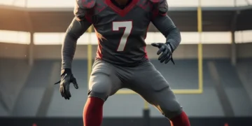 Modern football player showcasing advanced protective gear and helmet on the field