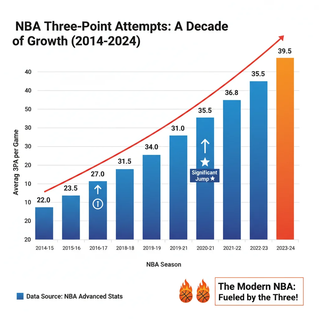 Infographic showing NBA three-point attempt trends over time