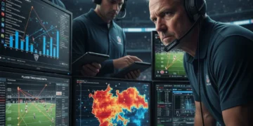NFL defensive coordinator analyzing advanced analytics data on multiple screens during a game.