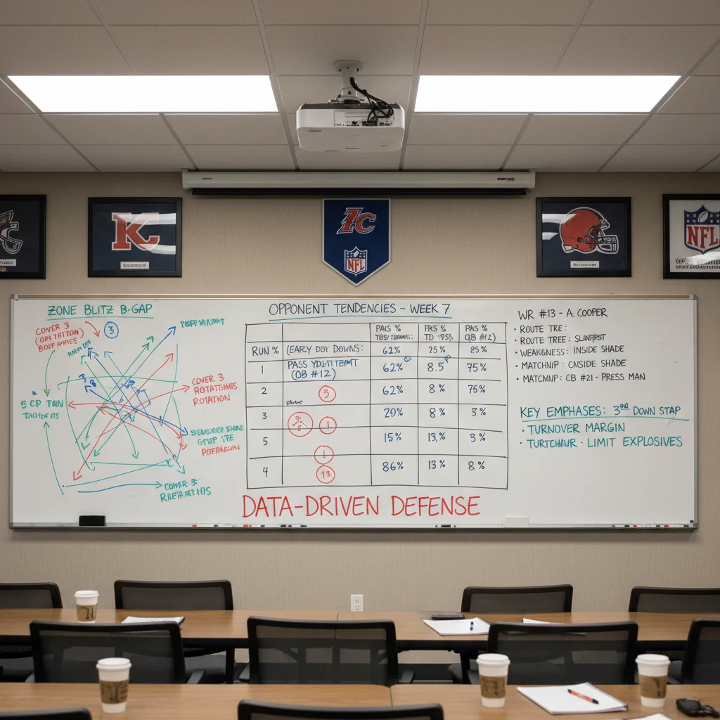 NFL team meeting room with whiteboard showing defensive schemes and analytics.