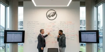 NFL team executives strategizing with salary cap figures