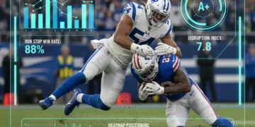 Dynamic NFL linebacker tackling with advanced analytics overlay