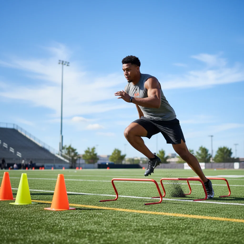 Football prospect performing speed and agility drills on a turf field.