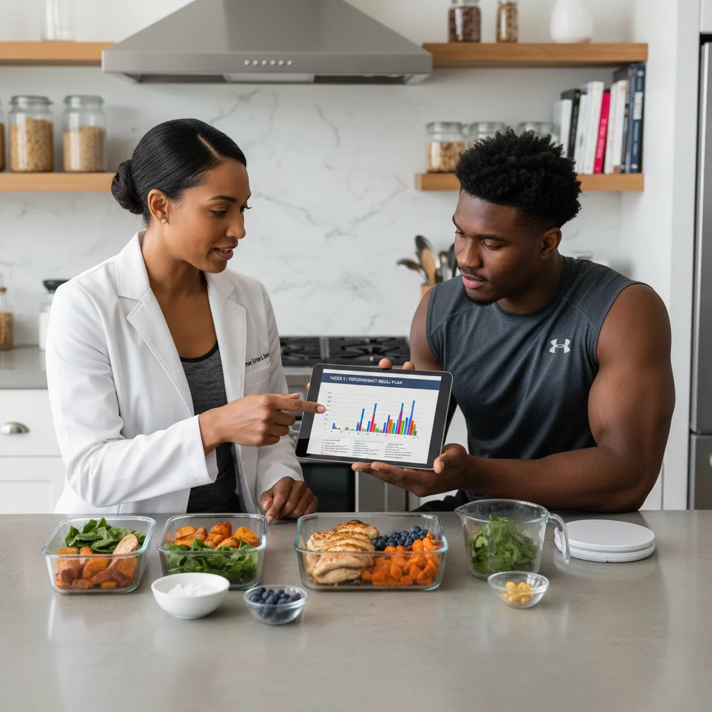 Sports nutritionist discussing personalized meal plan with NFL prospect.