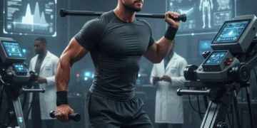 NFL prospect intensely lifting weights in a modern training facility, demonstrating peak physical conditioning and focus.