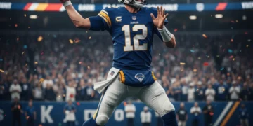 NFL quarterback in action, throwing football with intense focus
